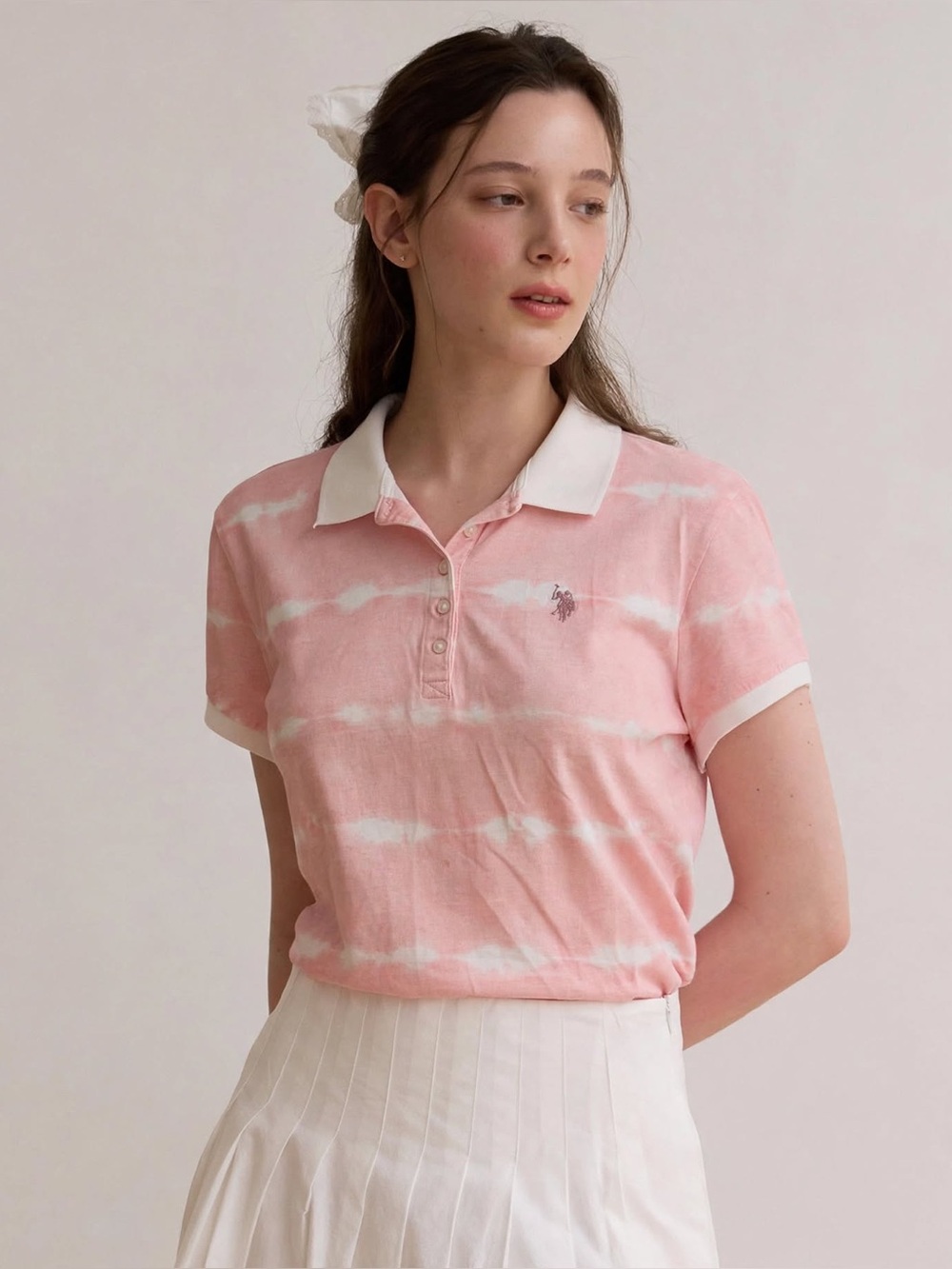 U.S. Polo Assn. Pink White Tie Dye Polo Shirt Gold Logo XXL